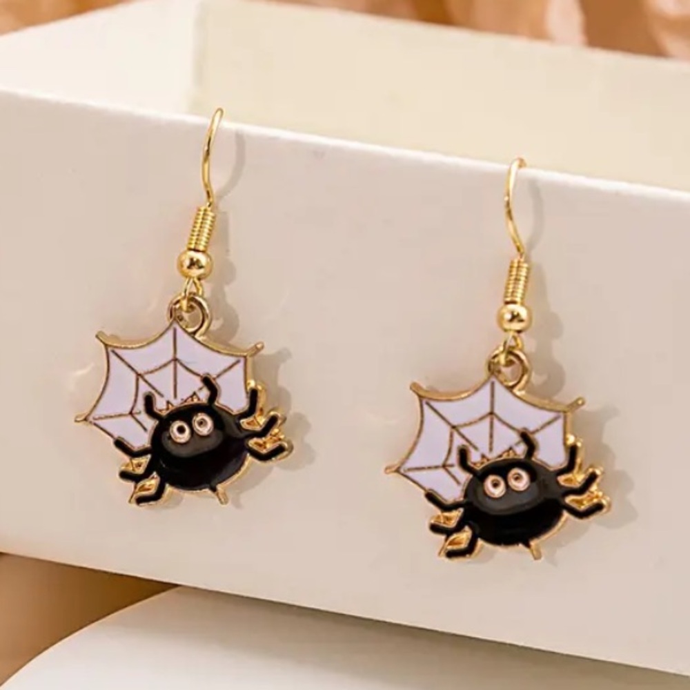 Spider in His Web Halloween Gold Toned Earrings